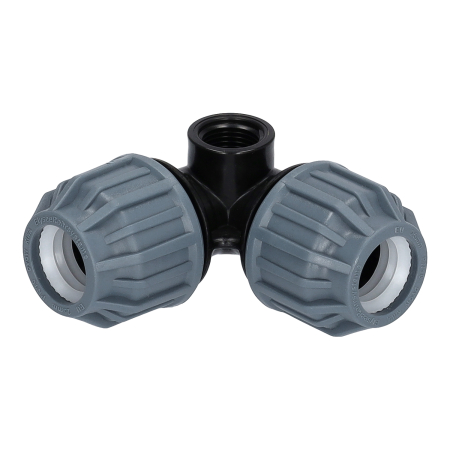 PP-Klemmkupplung mit schwarzem Fittingkörper und blauer Verschraubung vor weißem Hintergrund. Die Darstellung dient als neutrales Produktfoto und repräsentiert eine beliebige Ausführung der Klemmkupplungsserie.